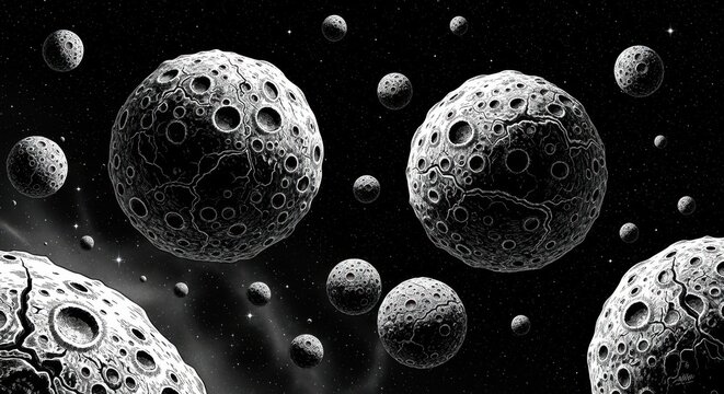 Detailed moons with craters in space