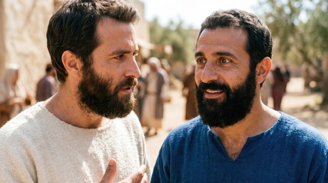 Apostle Philip preaching the gospel to the Samaritans in the city. Biblical scene from Acts of the Apostles. Followers of Jesus Christ sharing faith and message in ancient Middle East.
