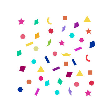 Brightly colored confetti pieces in various geometric shapes like stars, circles, and triangles scattering on a white background, creating a cheerful and abstract celebratory design