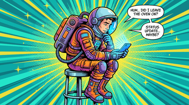 Colorful astronaut in a retro comic style with a jetpack and tablet, exploring outer space against a neon starburst backdrop.