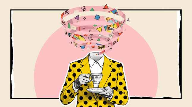 Abstract headless figure in a yellow leopard print suit holding a mug, set against a pink circular backdrop in a surreal, collage-style fashion illustration.