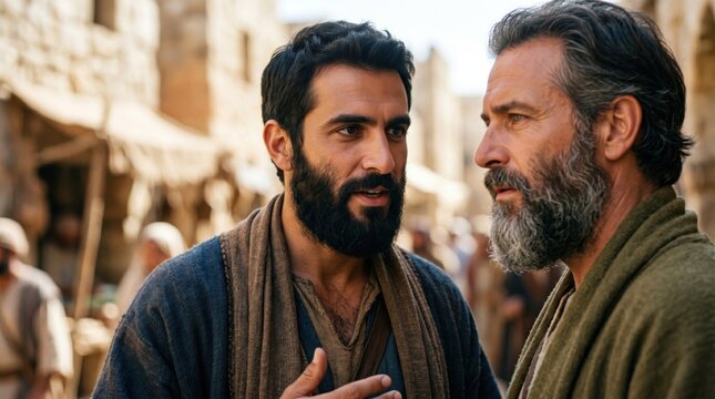 Apostle Philip talking with an apostle in a biblical city. Scene from Acts depicting early Christan mission, preaching and religious history. Cinematic illustration of spiritual teaching.