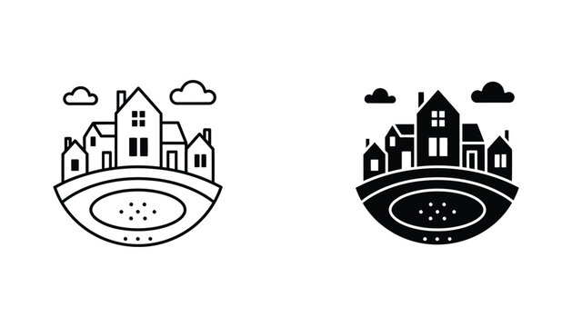 Minimalist vector illustration of a charming hillside town neighborhood with small houses and fluffy clouds creating a peaceful village scene