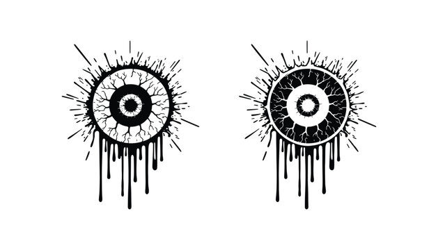 Spooky dripping eyeball vector illustration with grotesque veins and splattered ink creating a horror aesthetic for Halloween designs
