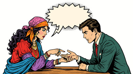 Pop art style illustration of a man and woman in vintage attire engaging in a discussion with an empty speech bubble above.