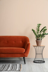 Interior of stylish living room with red sofa and plant on table