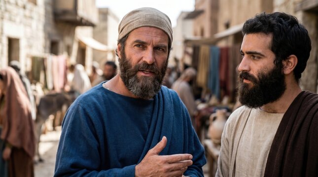 Philips the apostle preaching to the people in Samaria. Ancient biblical scene of a follower of Jesus Christ teaching faith. Dramatic historical religious narrative for church project.