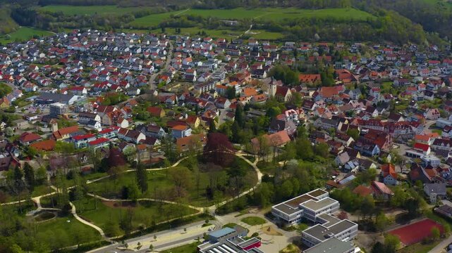 Aerial view of the city Essingen in Germany on a sunny spring day