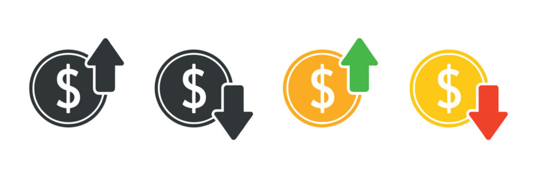 Dollar Coin Graph with Up and Down Arrows, Money Growth and Decline Concept, Currency Investment and Market Price Exchange Vector Illustration for Finance and Business Analysis