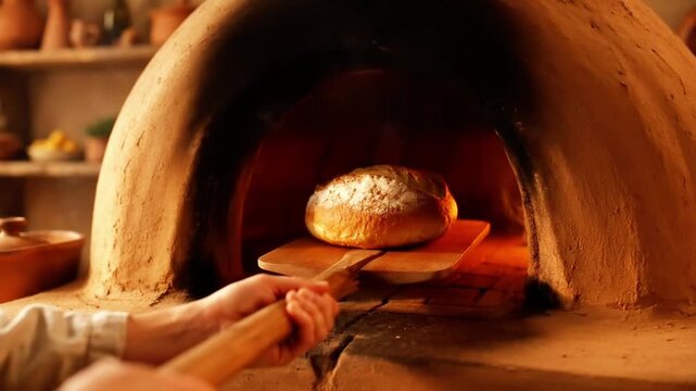 Baker placing freshly baked bread into a traditional stone oven in a rustic bakery setting