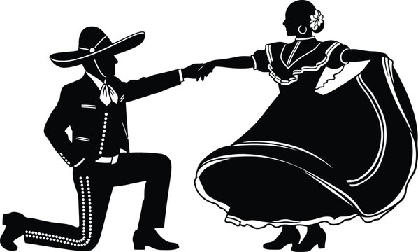 Elegant silhouette of a couple dancing traditional mexican folk dance