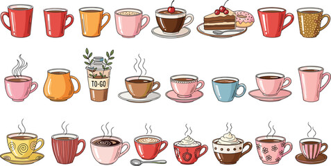Fototapeta premium Colorful Coffee and Tea Cups Collection Vector Set with Various Mugs Takeaway and Cake on White Background