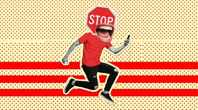 Playful cartoon runner wearing a stop sign helmet sprints across a retro dotted-orange background