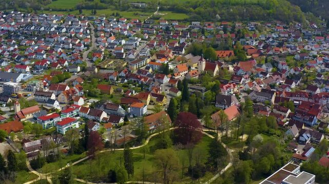 Aerial view of the city Essingen in Germany on a sunny spring day