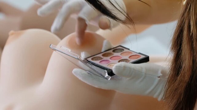 Female hands in white gloves applying eyeshadow to a realistic female mannequin's nipple