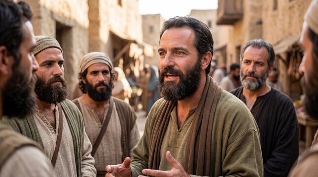 Apostle Philip preaching to a crowd of men in Samaria. Historical scene depicting a biblical preacher sharing gospel message. Spiritual teaching and religious conversion concept.