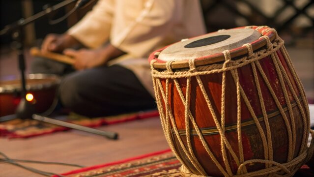 Indian classical instrument tabla drum with rope tuning and wooden body played by musician on traditional carpet