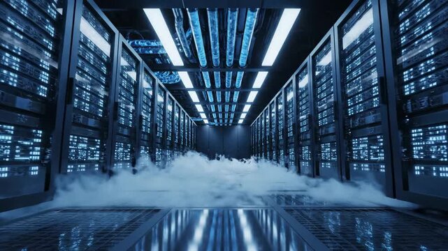 futuristic data center interior with rows of server racks and cooling fog on floor. cloud computing, big data storage, it infrastructure. cyber security, network technology background.