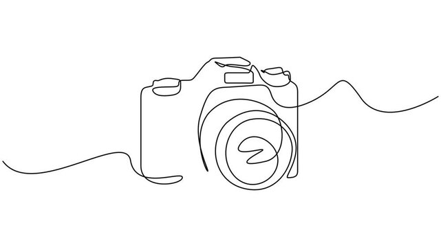 Self drawing simple animation of single continuous one line drawing of DSLR camera. One continuous editable line drawing of a professional camera, Full length single