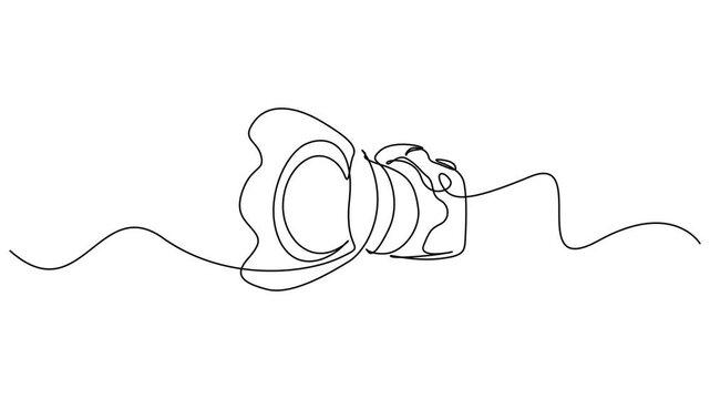 Self drawing simple animation of single continuous one line drawing of DSLR camera. One continuous editable line drawing of a professional camera, Full length single