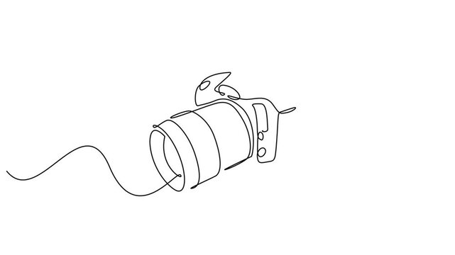 Self drawing simple animation of single continuous one line drawing of DSLR camera. One continuous editable line drawing of a professional camera, Full length single