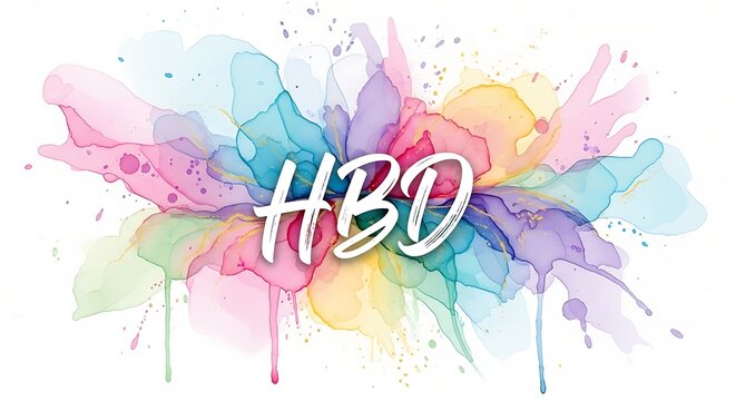 Happy Birthday HBD text watercolor splash background, festive celebration