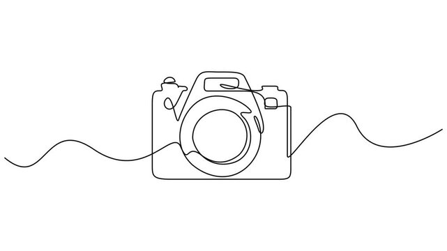 Self drawing simple animation of single continuous one line drawing of DSLR camera. One continuous editable line drawing of a professional camera, Full length single
