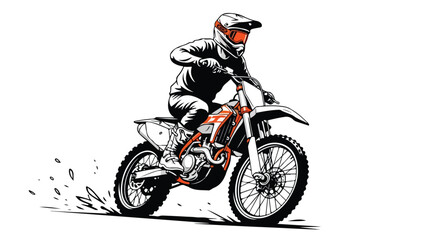 Obraz premium A motorcyclist riding a dirt bike with orange accents, wearing protective gear, on a white background with motion blur.