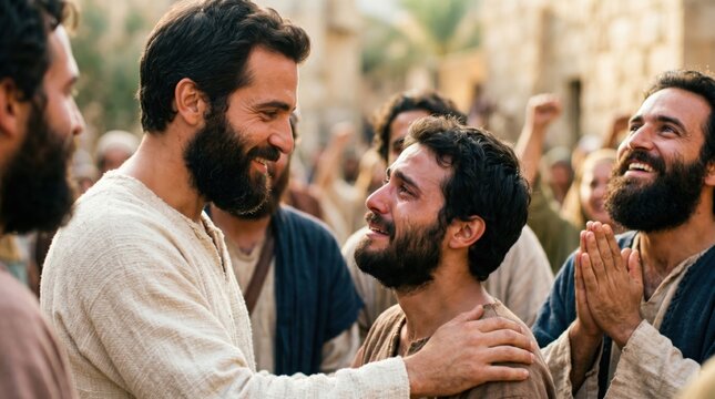 Apostle Philip preaching to the people in Samaria. Biblical scene from the book of Acts. Man with beard sharing the gospel and comforting a repentant man. Religious historical tradition.