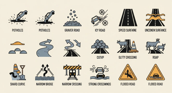 Collection of Road Hazard and Warning Signs Icons.