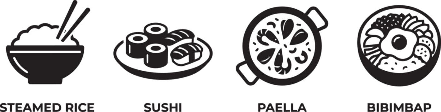 Rice dish silhouette icons with steamed rice sushi paella bibimbap for asian and european cuisine menu