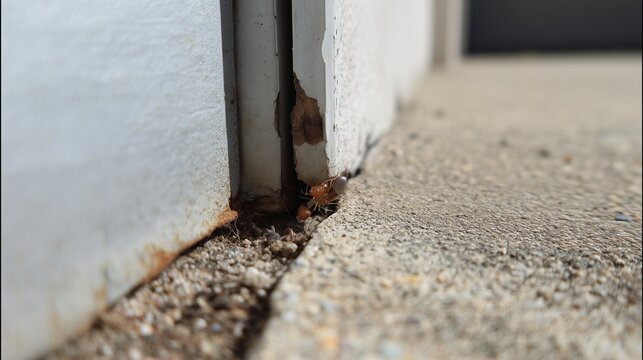 Door gap with rodent entry point at foundation seam indicating rodent exclusion need and wildlife removal prevention.