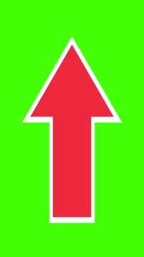Red arrow with white edge points upward. The arrow moves back and forward. Direction, point to something, above, up, orientation. Chromakey, green screen, cut out.