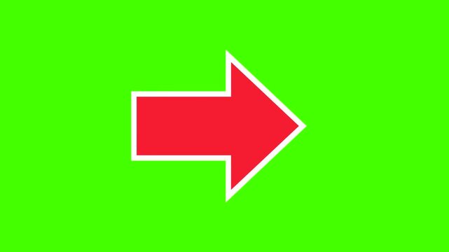 Red arrow with white edge points to the right. The arrow moves back and forward. Direction, point to something, right hand, orientation. Chromakey, green screen, cut out.