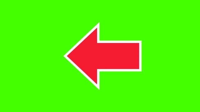 Red arrow with white edge points to the left. The arrow moves back and forward. Direction, point to something, left hand, orientation. Chroma key, green screen, cut out.
