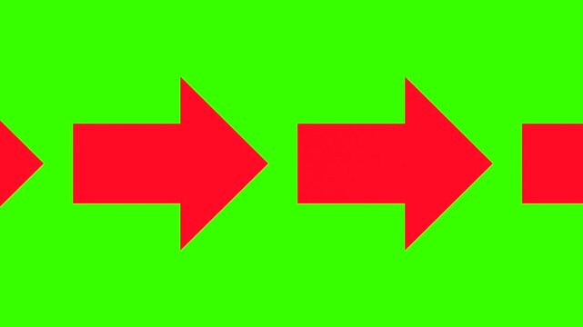 Red arrows are moving and pointing to right. Loop animation, direction, point to something, orientation. Chromakey, green screen, cut out.