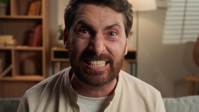 Close up negative emotional Caucasian middle-aged man yelling screaming with angry expression tension aggression shouting looking at camera in living room adult male shout yell scream violence at home