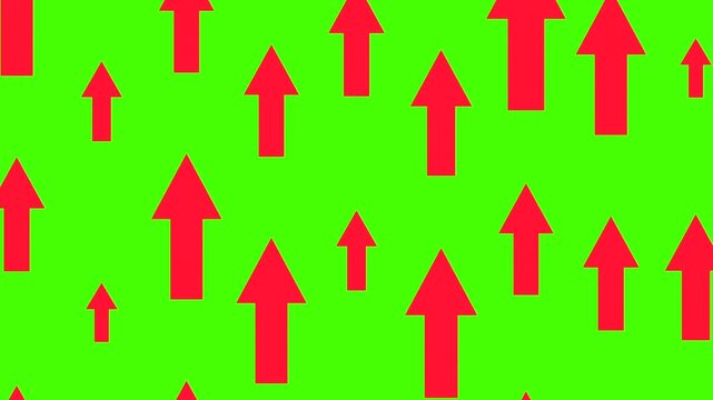 Red arrows pointing upward. Looping animation, direction, point to something, above, up, orientation. Chroma key, green screen, cut out.