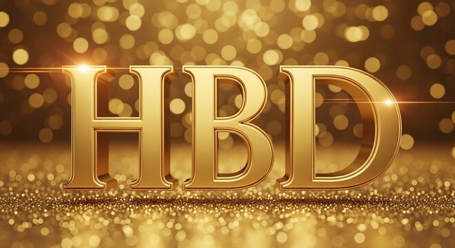 Golden HBD text on a sparkling bokeh background, celebratory