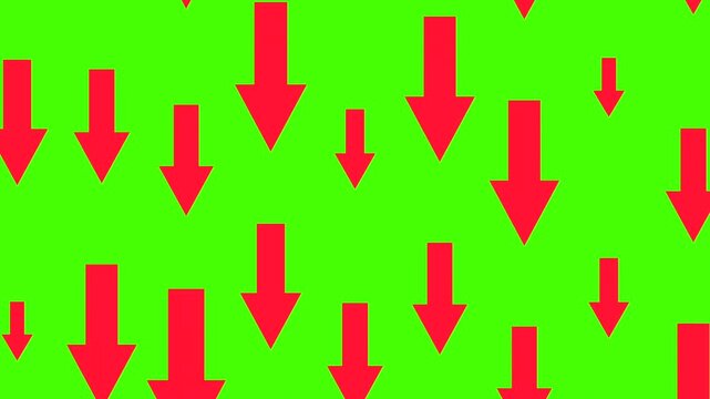 Red arrows pointing downward. Looping animation, direction, point to something, above, up, orientation. Chroma key, green screen, cut out.