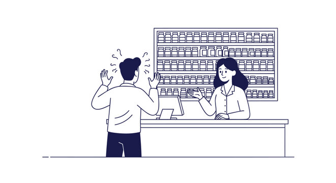 Pharmacy, drugstore, or medical store counter scene, illustration of pharmacist and customer, blue line art style