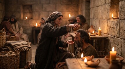 Fototapeta premium Biblical scene of a woman anointing the head of Jesus Christ with oil in a dimly lit ancient stone room in Jerusalem.