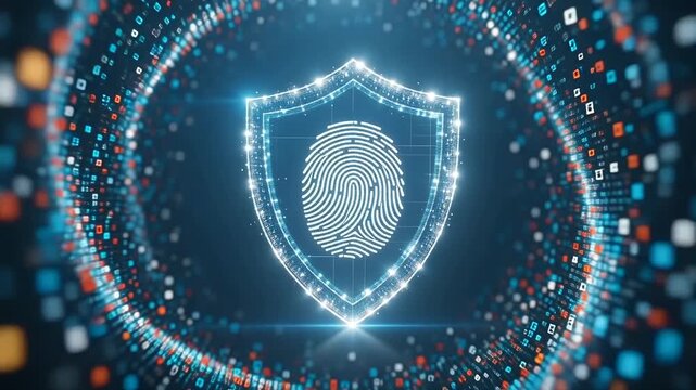 Sparkling digital shield fingerprint icon transition technology security safety abstract protective cyber space secure feeling