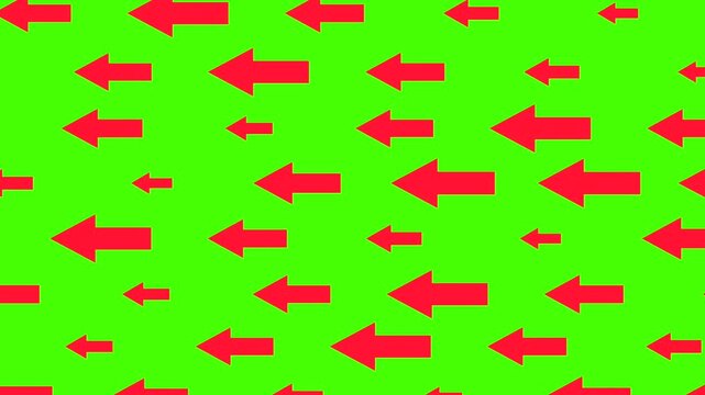 Red arrows pointing to the left. Looping animation, direction, point to something, above, up, orientation. Chroma key, green screen, cut out.