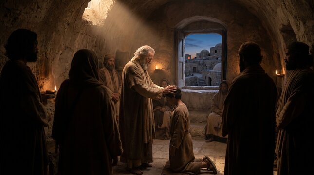 An ancient Biblical patriarch blessing a kneeling young man in a stone room in Jerusalem, spiritual scene of prayer and guidance.