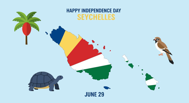 Happy Independence Day Seychelles Map Flag, Palm Tree, Turtle, Bird