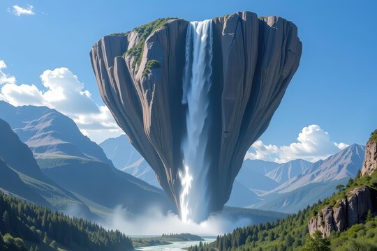 A waterfall flowing upward into a massive, inverted floating mountain.