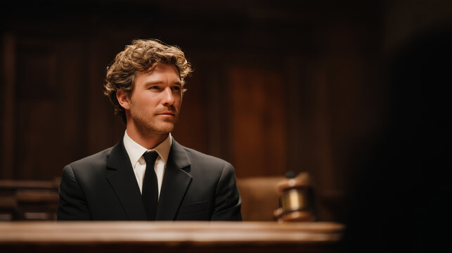 Product liability trial team rehearses opening statement delivery in an empty courtroom borrowed after hours, lead attorney standing before the jury box with defective component exhibits arranged on