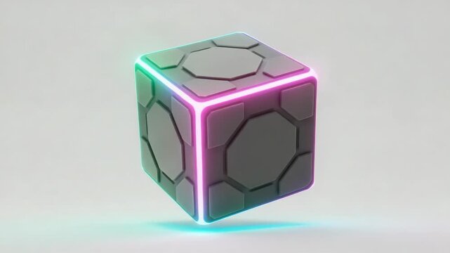 Animated futuristic cube with vibrant neon outlines shifting color spectrum transitions smoothly