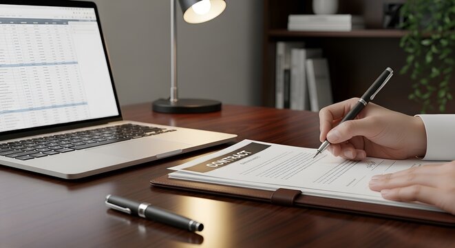Businessperson signing contract on desk with laptop and lamp, close-up on hand and document